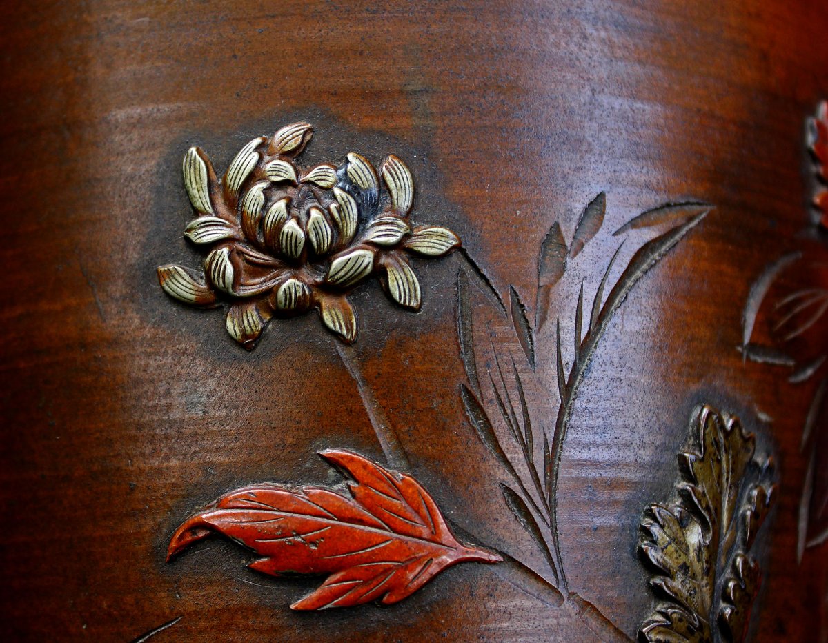 Pair Antique Japanese Meiji Bronze Vases With Mixed-metal Birds & Insects, 19th Century-photo-5