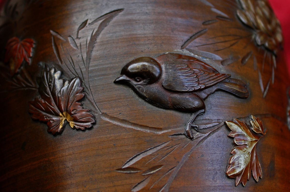 Pair Antique Japanese Meiji Bronze Vases With Mixed-metal Birds & Insects, 19th Century-photo-6