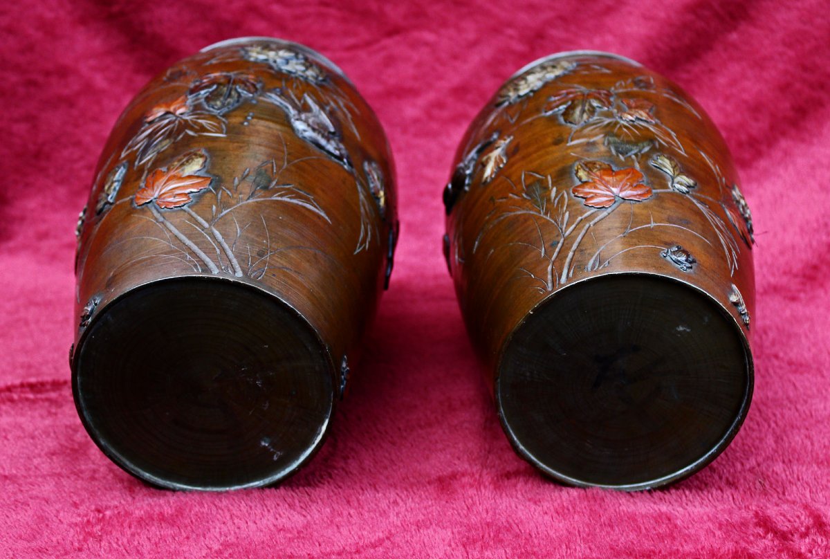 Pair Antique Japanese Meiji Bronze Vases With Mixed-metal Birds & Insects, 19th Century-photo-7