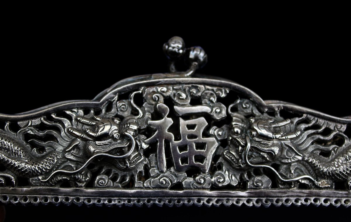 Monture de Sac de Mariage Vietnamienne en Argent Massif, Dragons & Longévité/Bonne Fortune-photo-1