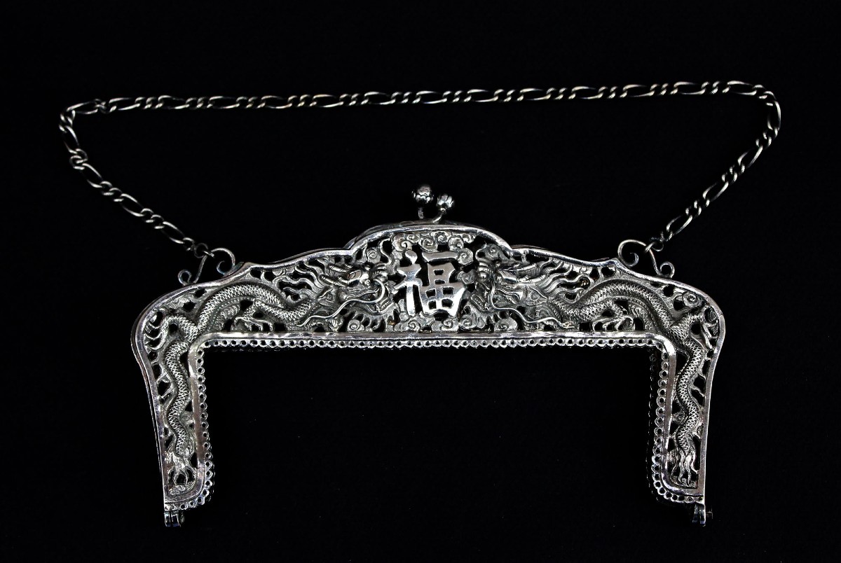 Monture de Sac de Mariage Vietnamienne en Argent Massif, Dragons & Longévité/Bonne Fortune