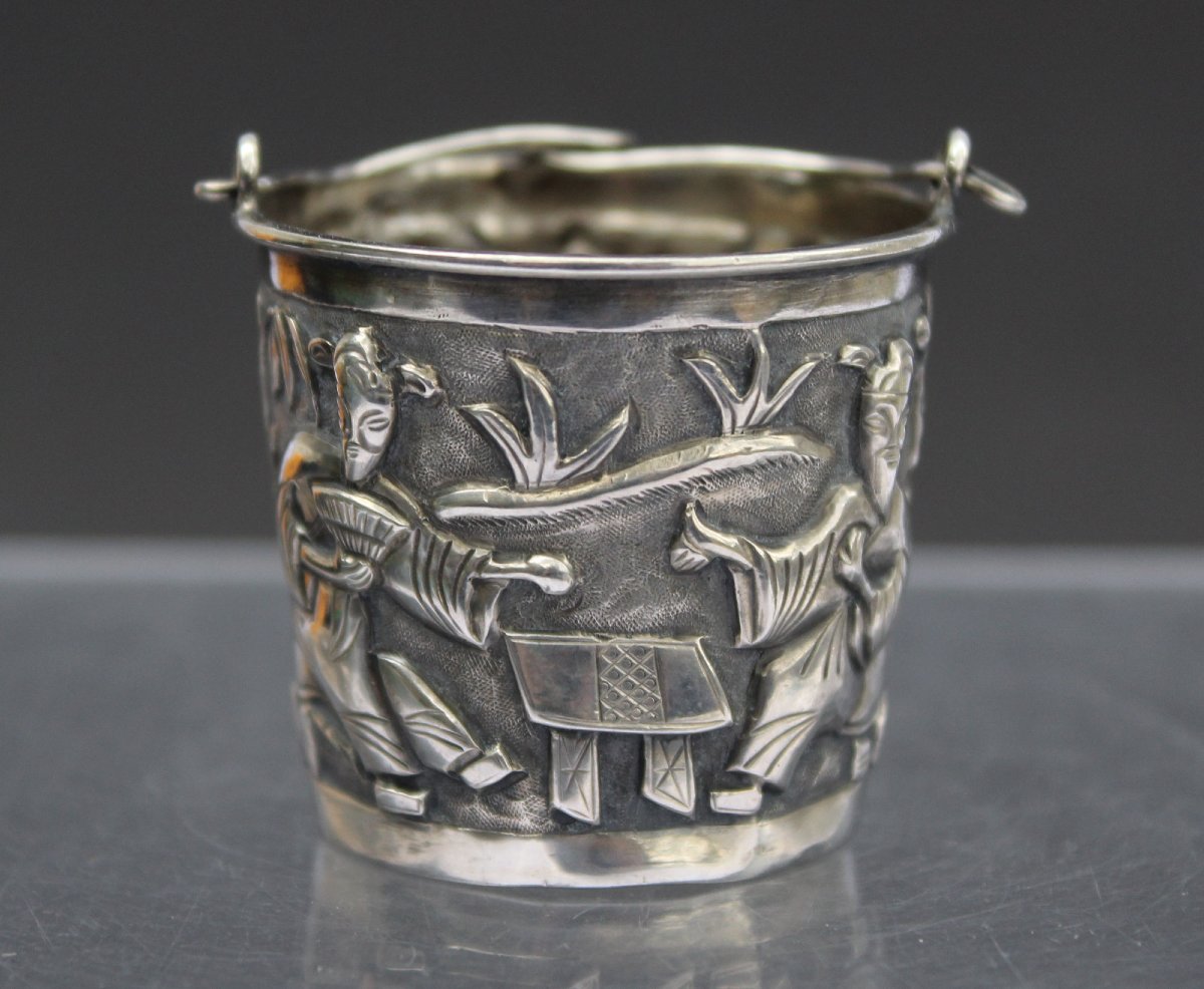 Antique Chinese Export Silver Tea Strainer, Go Players -photo-2