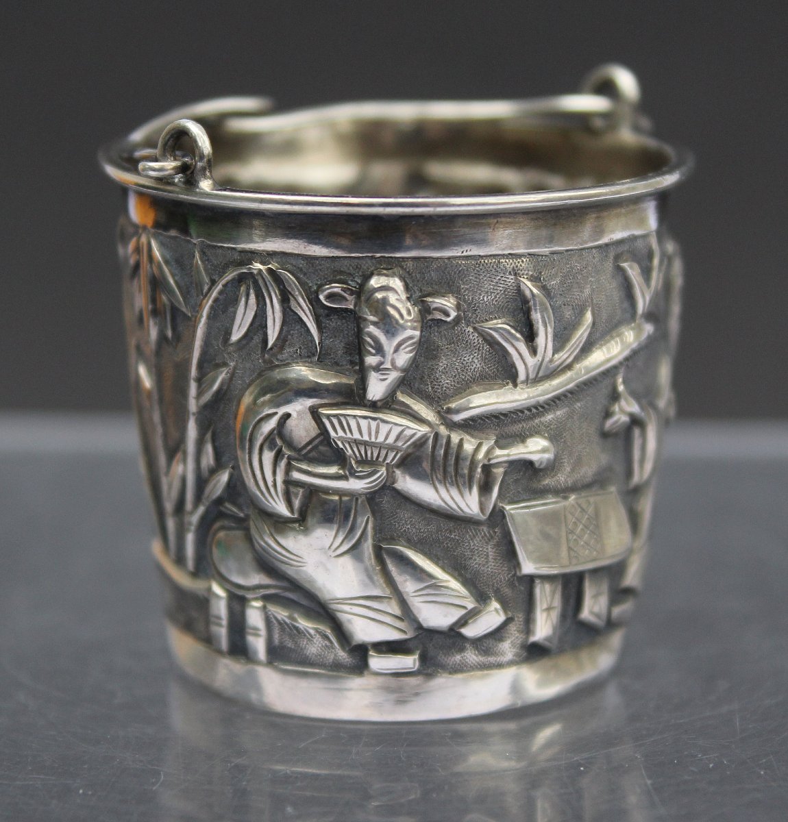 Antique Chinese Export Silver Tea Strainer, Go Players -photo-3