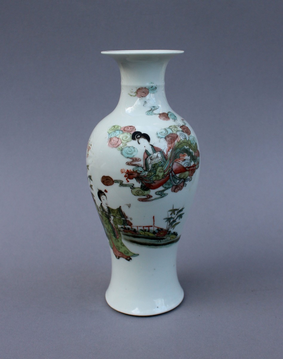 Vase Chinois Ancien en Porcelaine Famille Rose avec Dame et Phénix, Guangxu (1880–1900)