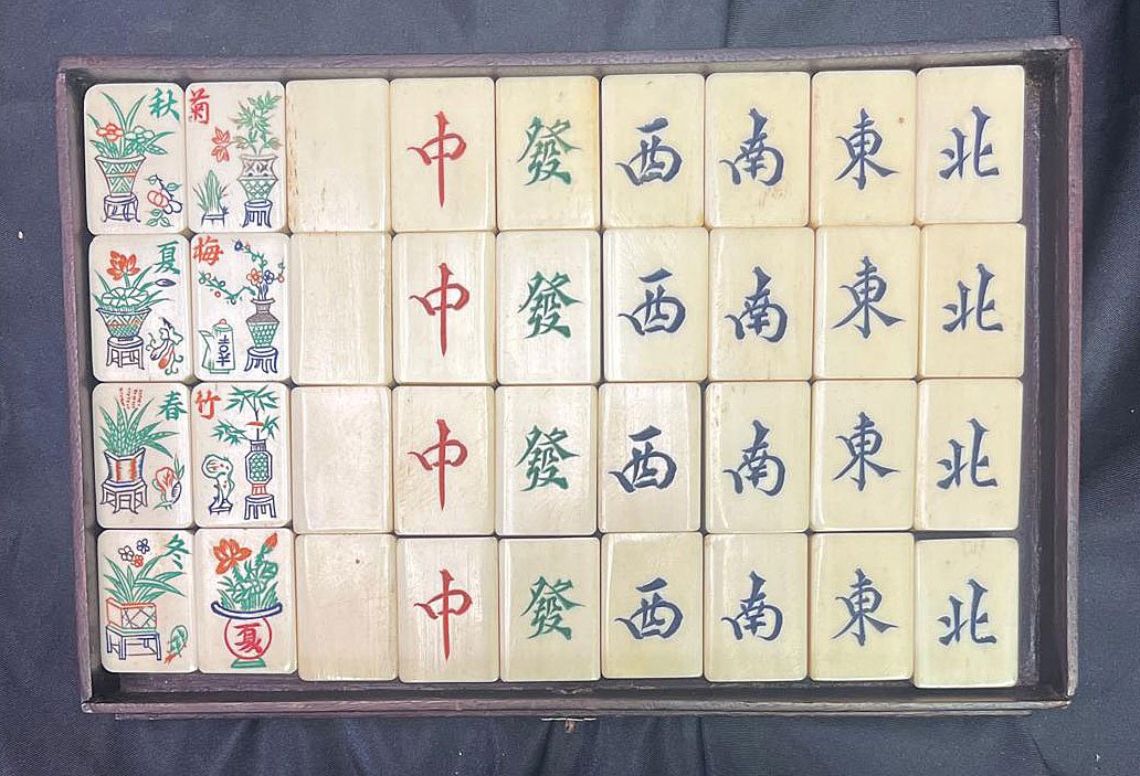 Antique Chinese Mahjong Set Bone & Bamboo Tiles In Hardwood Case, Complete-photo-5
