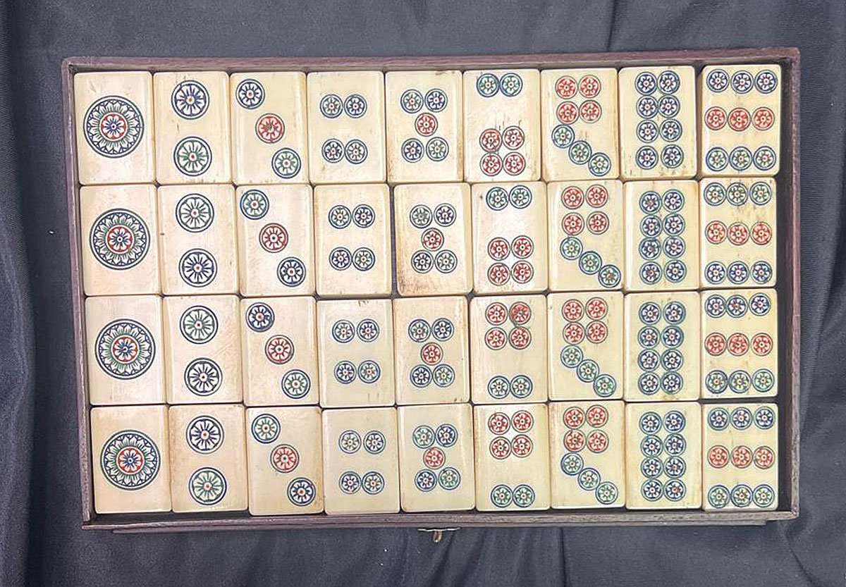 Antique Chinese Mahjong Set Bone & Bamboo Tiles In Hardwood Case, Complete-photo-6