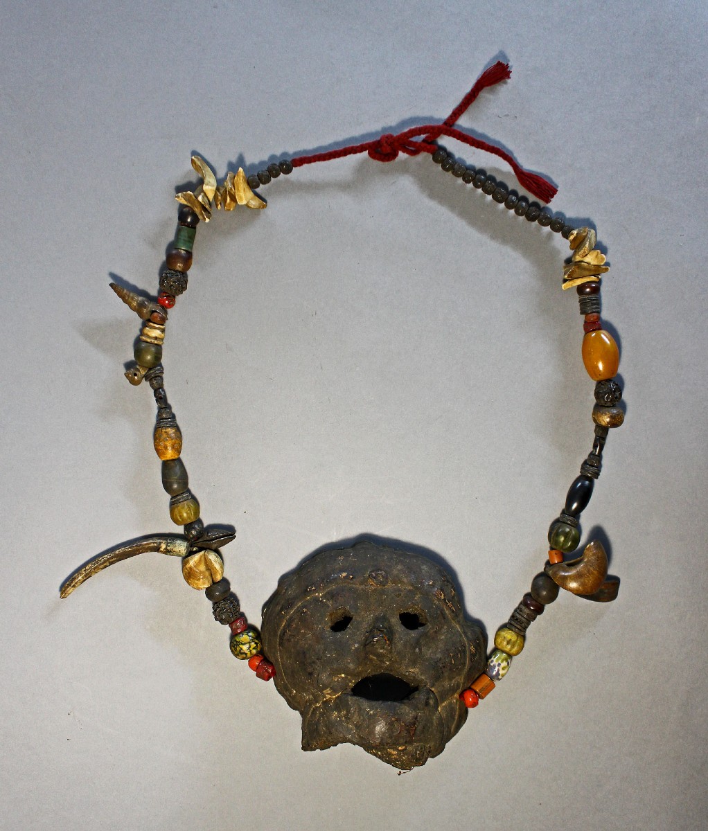 Ancient Himalayan Shamanic Ritual Necklace Amber Coral Tibetan Spirit Mask 
