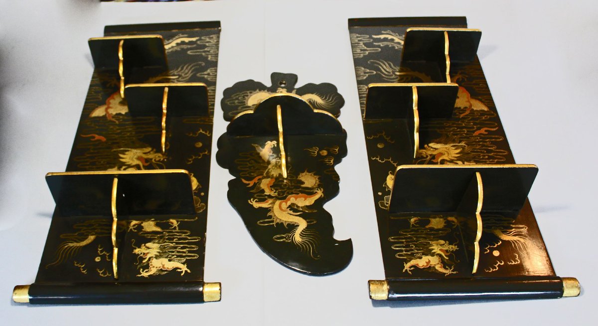 Antique Chinese Export Black Lacquer Wall Display Shelves, Dragons, Foochow, C19th–early C20th-photo-2