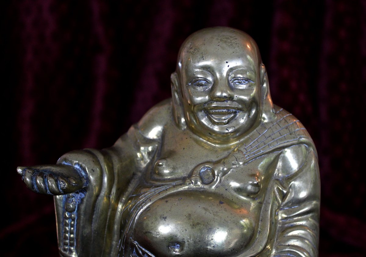 Bouddha Rieur Vietnamien Indo-Chinois Ancien en Bronze Poli (Phật Di Lặc), XIXe Siècle-photo-2