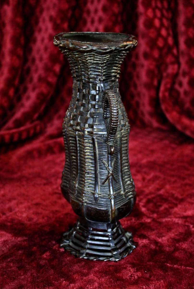 Vase Japonais Ancien En Bronze Ikebana (Art De L’Arrangement Floral), Forme De Panier, Meiji   -photo-2