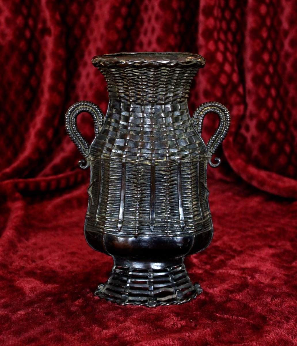 Vase Japonais Ancien En Bronze Ikebana (Art De L’Arrangement Floral), Forme De Panier, Meiji   -photo-3