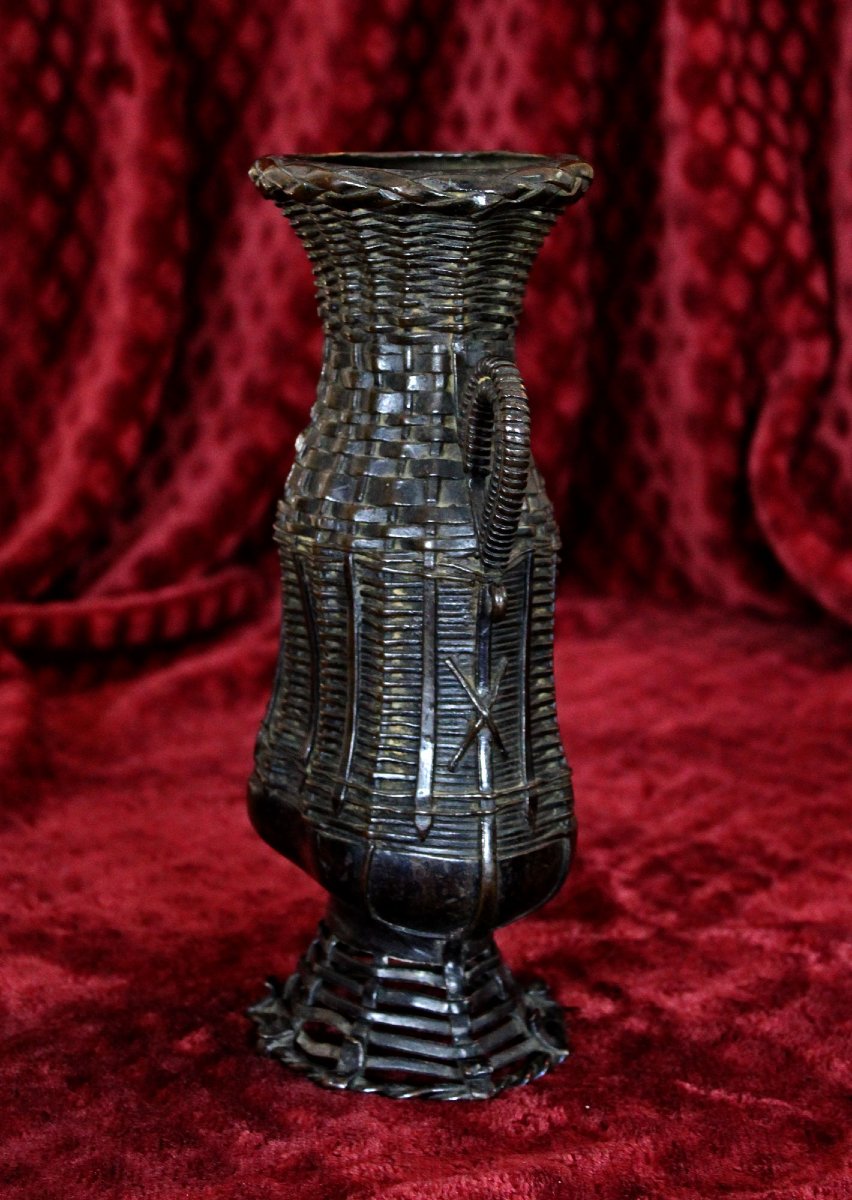 Vase Japonais Ancien En Bronze Ikebana (Art De L’Arrangement Floral), Forme De Panier, Meiji   -photo-4