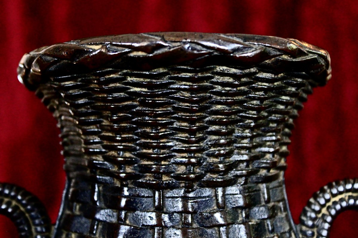 Vase Japonais Ancien En Bronze Ikebana (Art De L’Arrangement Floral), Forme De Panier, Meiji   -photo-1