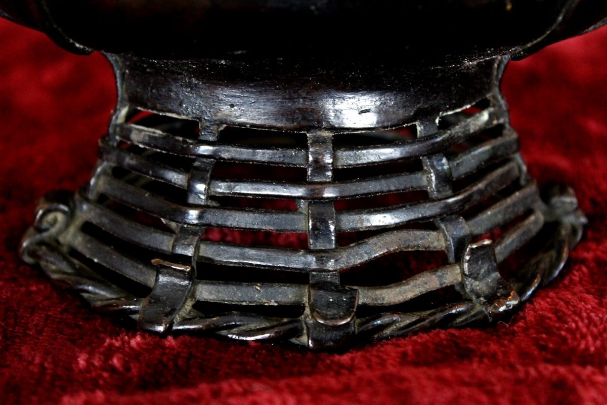 Vase Japonais Ancien En Bronze Ikebana (Art De L’Arrangement Floral), Forme De Panier, Meiji   -photo-3