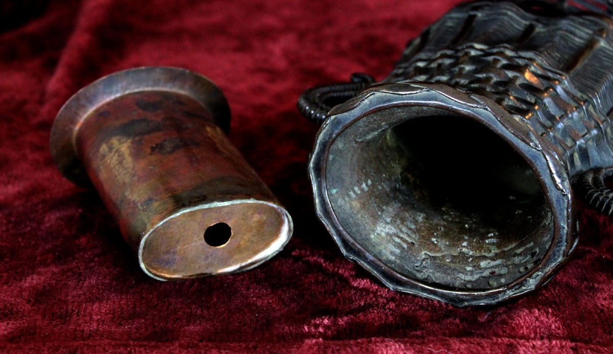 Vase Japonais Ancien En Bronze Ikebana (Art De L’Arrangement Floral), Forme De Panier, Meiji   -photo-4