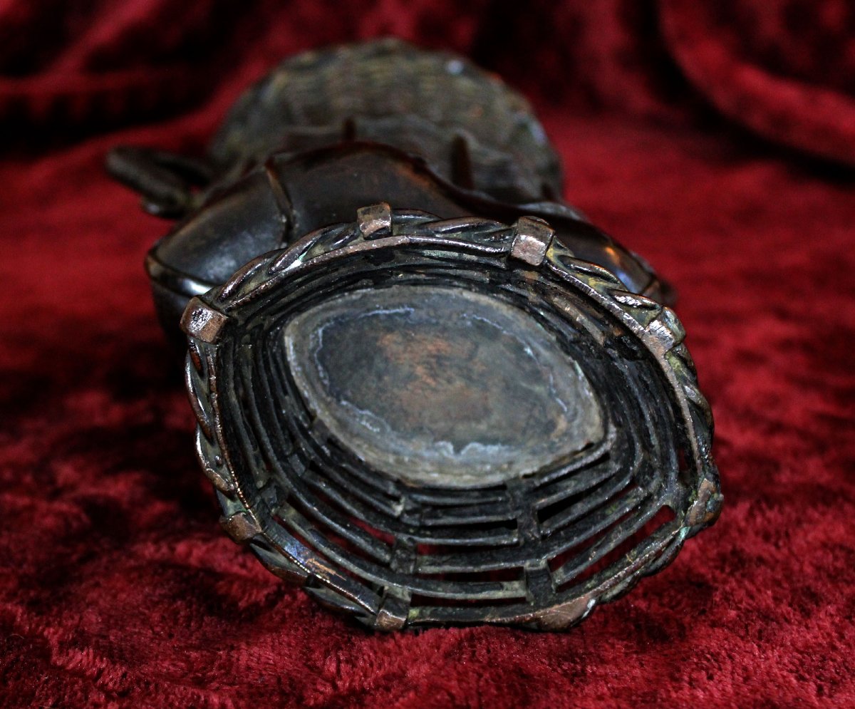 Vase Japonais Ancien En Bronze Ikebana (Art De L’Arrangement Floral), Forme De Panier, Meiji   -photo-5