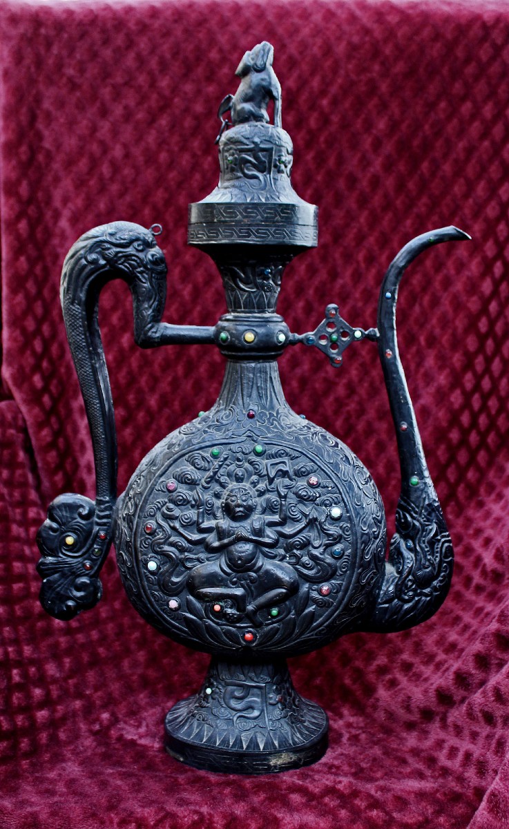 Massive Antique Tibetan Ritual Ewer With Avalokiteshvara (chenrezig), Buddhist Temple, C19th