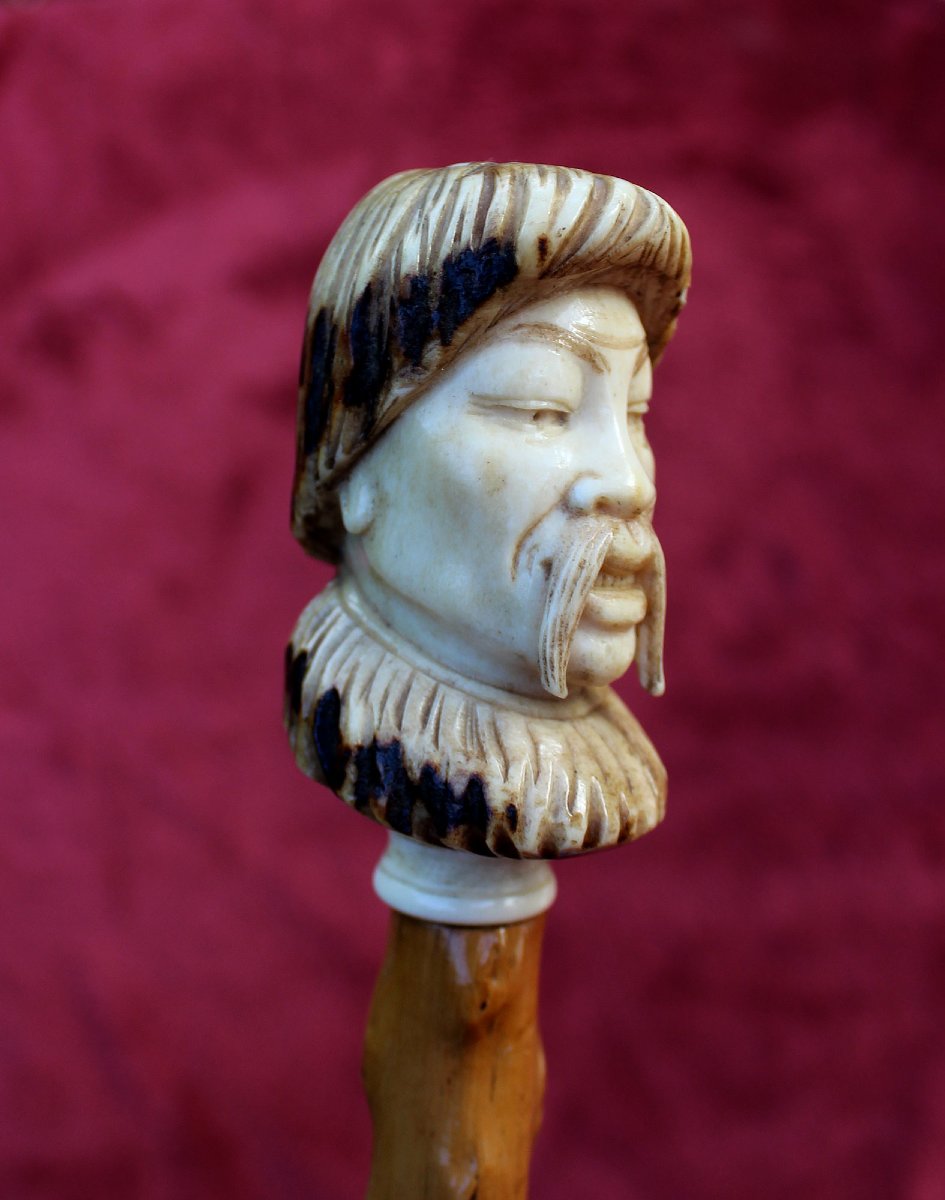 Antique Russian Siberian Elk Antler Portrait Head Walking Stick / Cane, C19th-photo-3