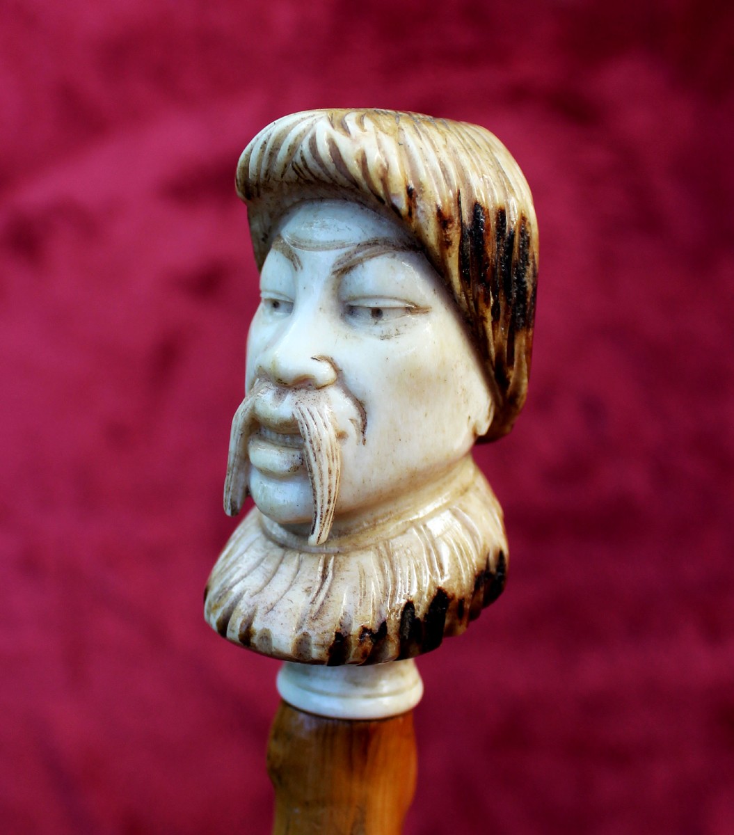 Antique Russian Siberian Elk Antler Portrait Head Walking Stick / Cane, C19th