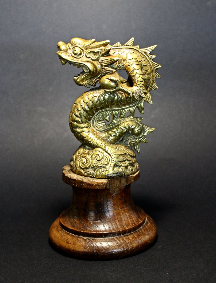 Dragon Vietnamien Ancien en Bronze à la Perle Flamboyante, Dynastie Nguyễn, XIXe Siècle-photo-2