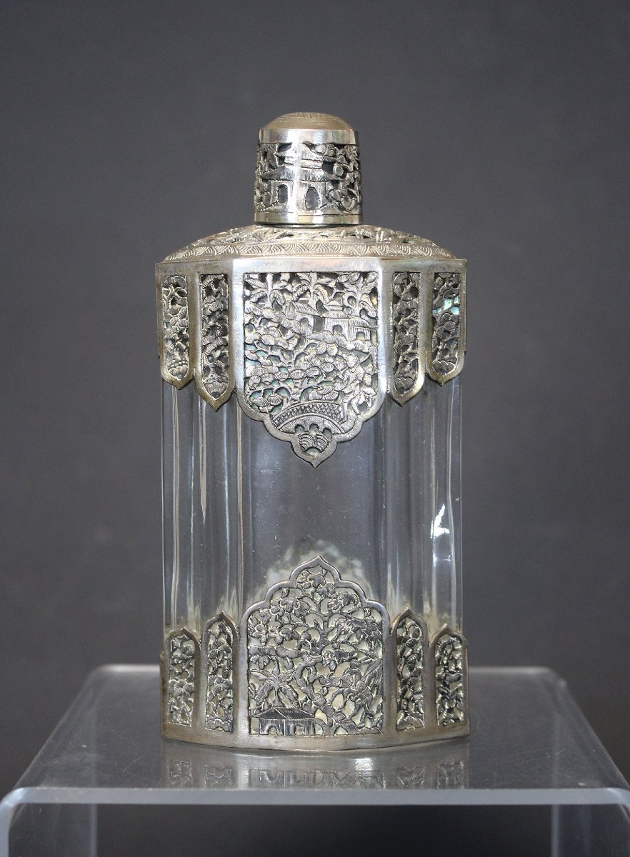 Antique Art Deco Coty French  Perfume Bottle With Cambodian Silver Mounts, Circa 1930-photo-3