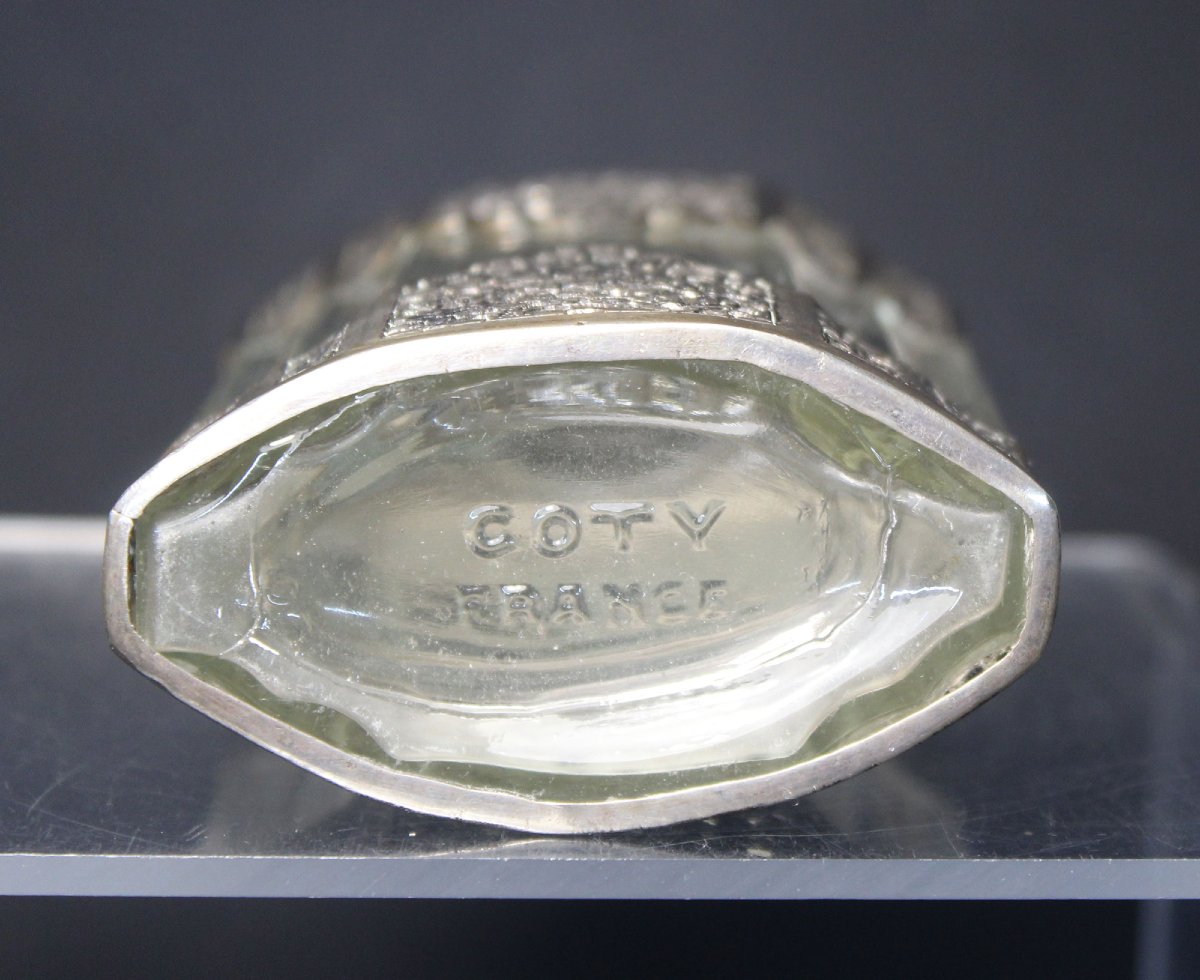 Antique Art Deco Coty French  Perfume Bottle With Cambodian Silver Mounts, Circa 1930-photo-2