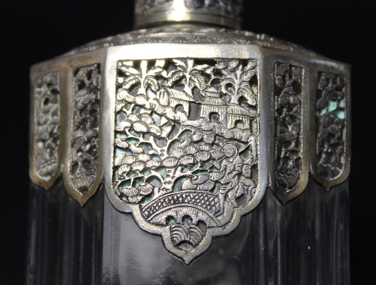 Antique Art Deco Coty French  Perfume Bottle With Cambodian Silver Mounts, Circa 1930-photo-4