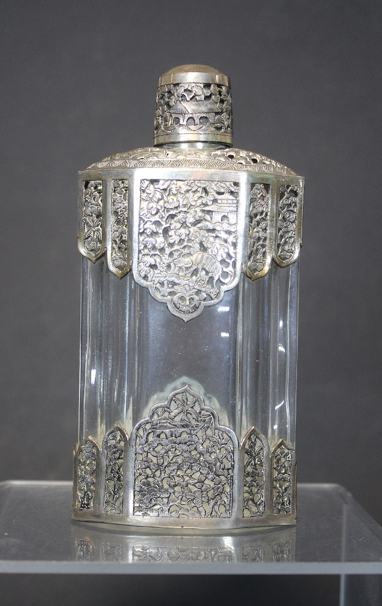 Antique Art Deco Coty French  Perfume Bottle With Cambodian Silver Mounts, Circa 1930