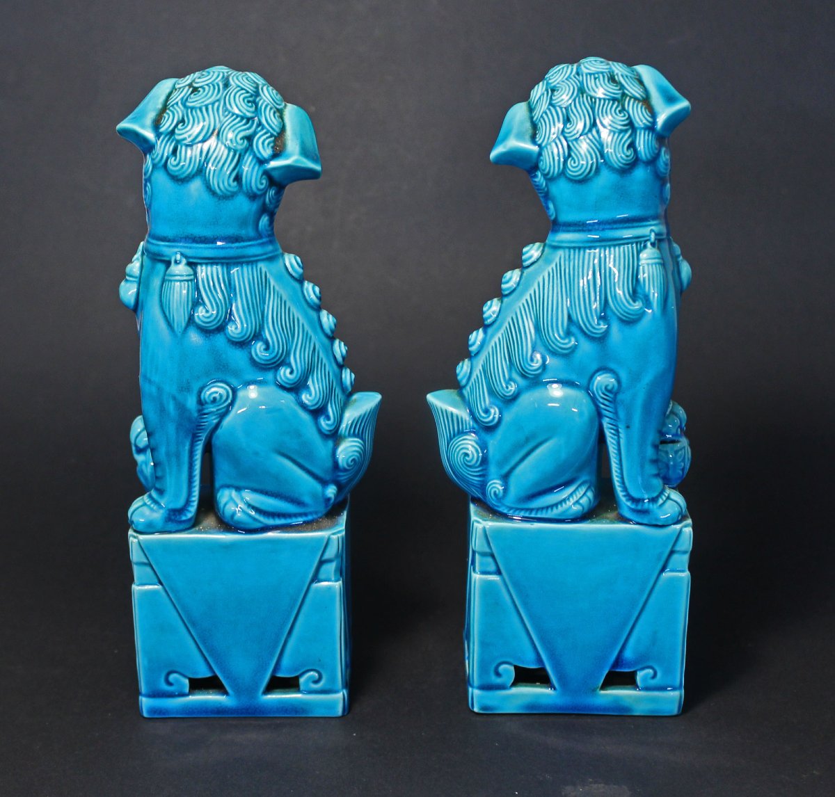 Pair Antique Chinese Turquoise Blue Porcelain Guardian Lions Dogs Of Foo-photo-2