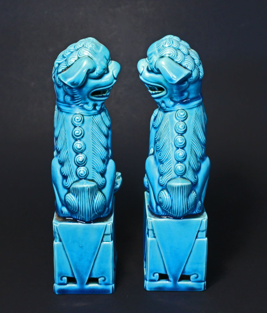 Pair Antique Chinese Turquoise Blue Porcelain Guardian Lions Dogs Of Foo-photo-3