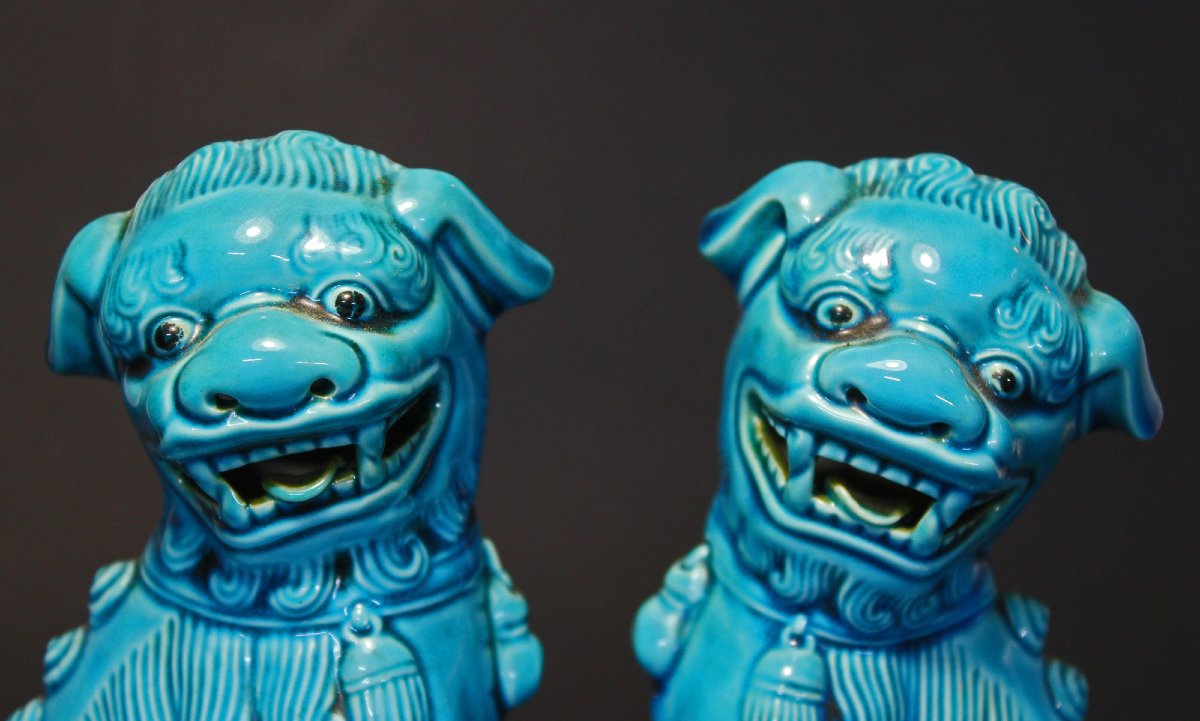 Pair Antique Chinese Turquoise Blue Porcelain Guardian Lions Dogs Of Foo-photo-4