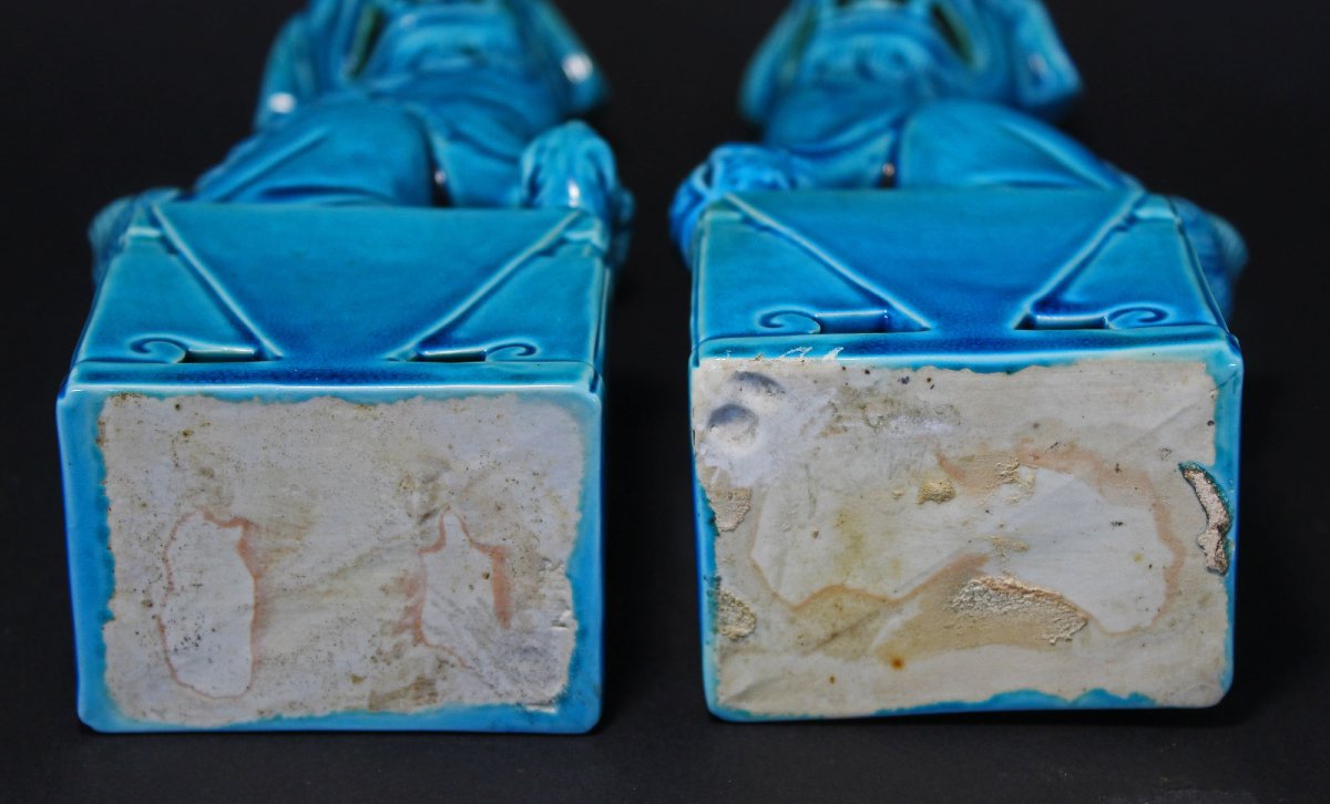 Pair Antique Chinese Turquoise Blue Porcelain Guardian Lions Dogs Of Foo-photo-2