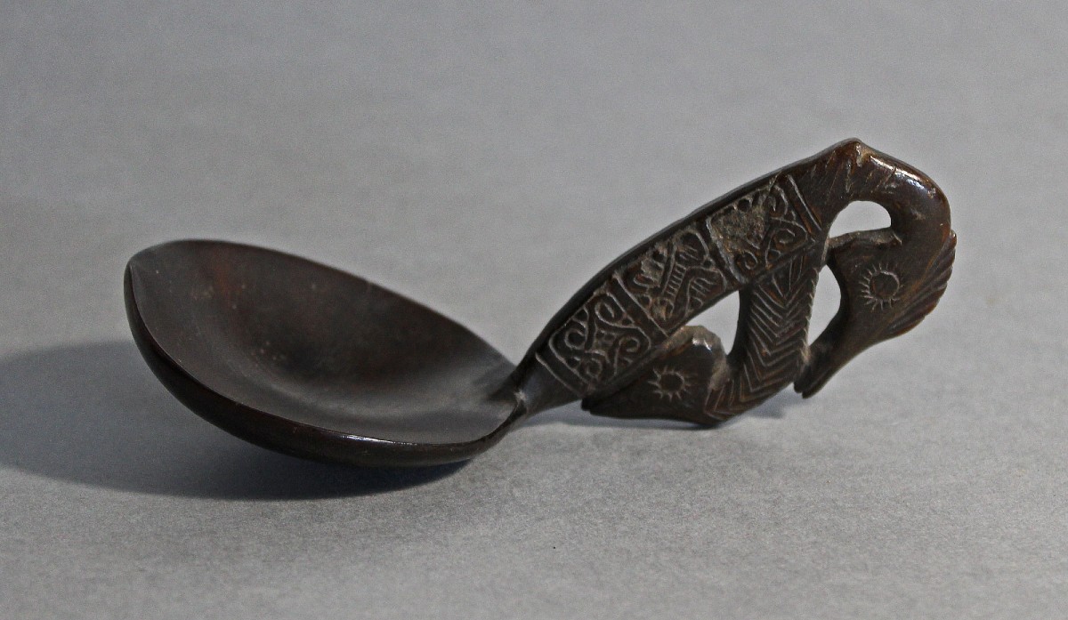 Antique Dayak Carved Horn Spoon With Bird Motif, Borneo,