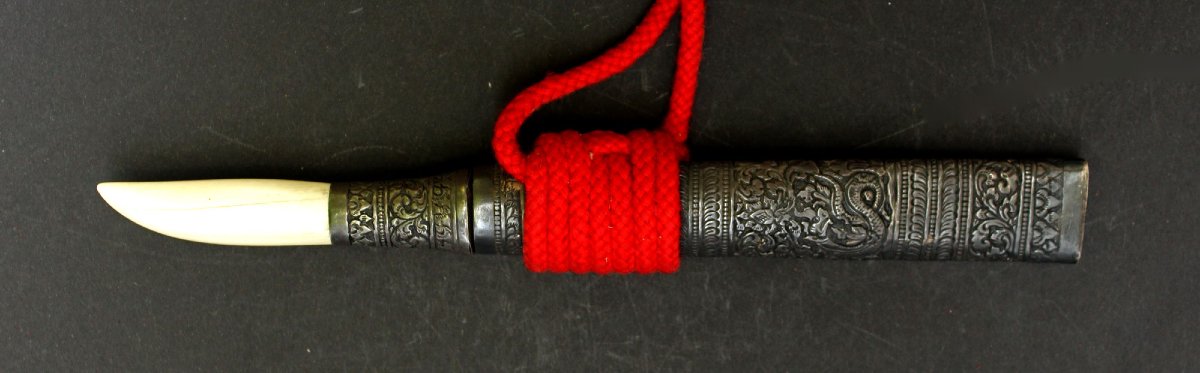 Antique Lao Silver-mounted Dha Knife With Repoussé Scabbard, Late 19th Century-photo-3