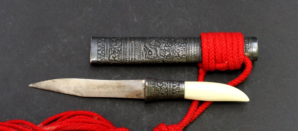 Antique Lao Silver-mounted Dha Knife With Repoussé Scabbard, Late 19th Century-photo-4