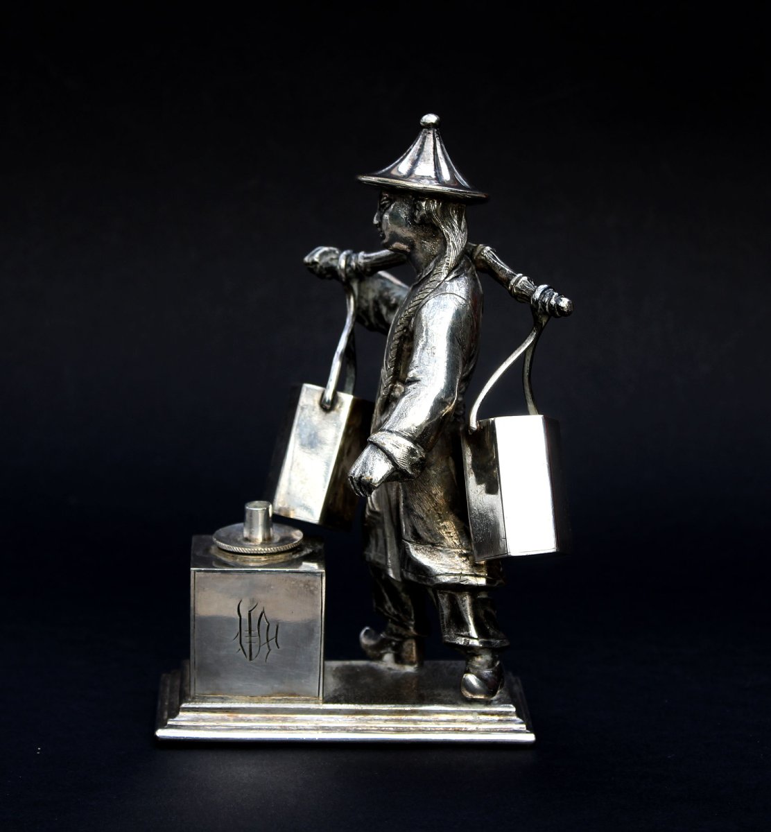 Ancien Briquet à Cigare Victorien Figuratif Porteur Chinois Chinoiserie 1851-photo-2