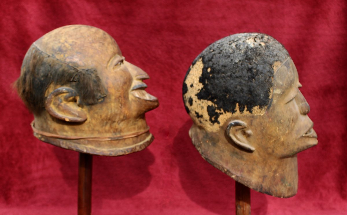 Paire Ancienne De Masques Casques Makonde (Lipiko) Tanzanie – Européen & Africain, Vers 1900-photo-3