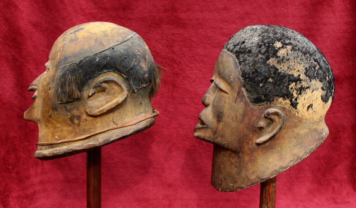 Paire Ancienne De Masques Casques Makonde (Lipiko) Tanzanie – Européen & Africain, Vers 1900-photo-1