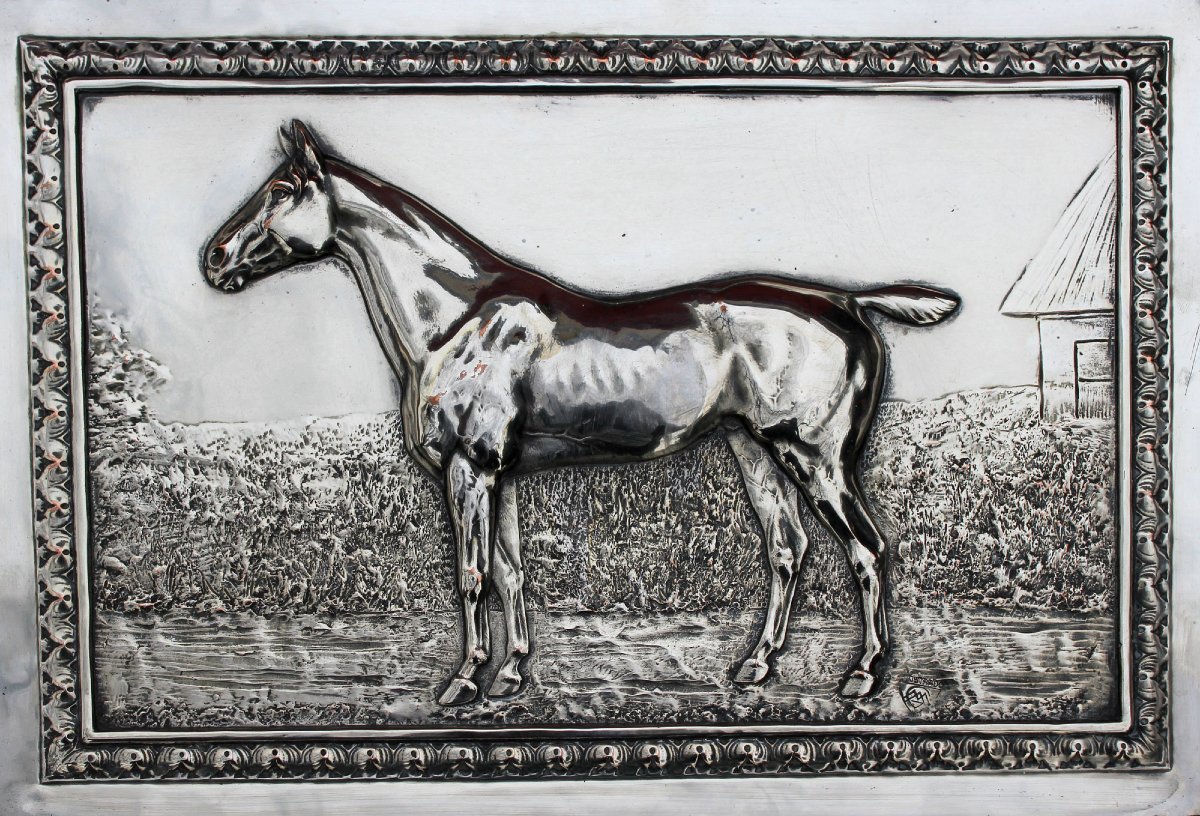 Antique Silver-plated Repoussé Metal Plaque – Thoroughbred Horse, Equestrian Subject, Circa 1900-photo-2