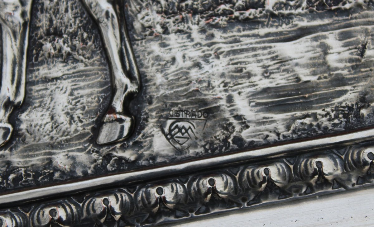 Antique Silver-plated Repoussé Metal Plaque – Thoroughbred Horse, Equestrian Subject, Circa 1900-photo-3