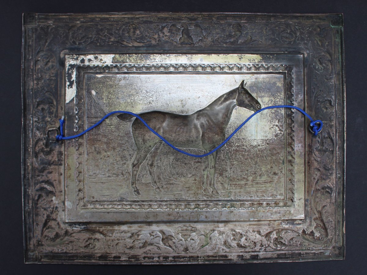 Antique Silver-plated Repoussé Metal Plaque – Thoroughbred Horse, Equestrian Subject, Circa 1900-photo-4