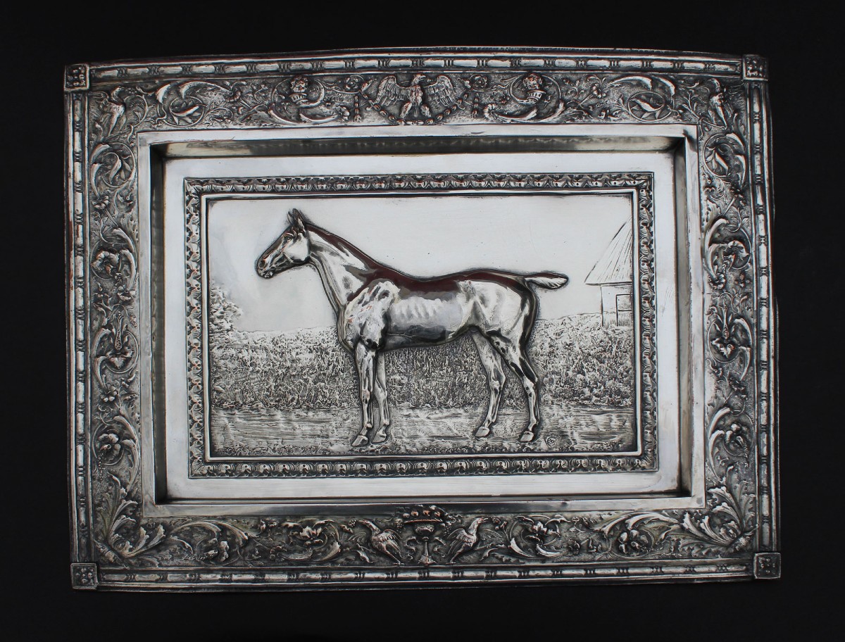 Antique Silver-plated Repoussé Metal Plaque – Thoroughbred Horse, Equestrian Subject, Circa 1900