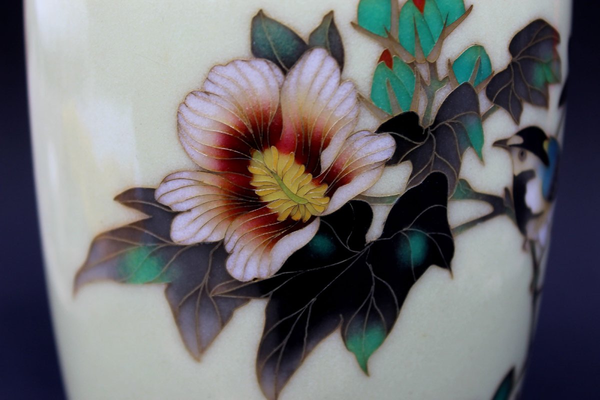Antique Japanese Cloisonné Vase With Bird And Flower Decoration, Ando Workshop, Meiji-taisho Period-photo-4