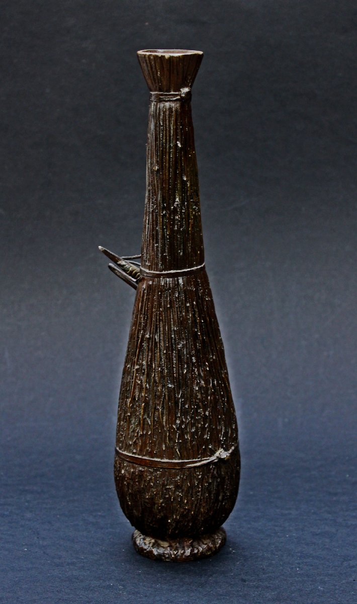 Vase Ikebana Japonais Ancien En Bronze Meiji Joncs Liés Avec Sauterelle Japon-photo-2