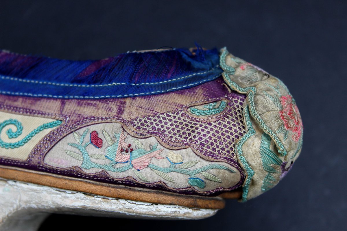 Chaussures Mandchoues « Flowerpot » Anciennes En Soie Brodée, Chine Qing XIXe-photo-4