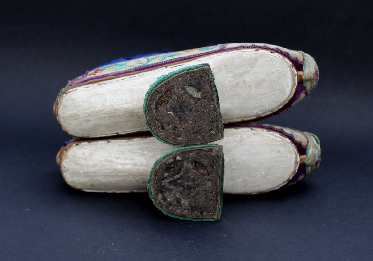Chaussures Mandchoues « Flowerpot » Anciennes En Soie Brodée, Chine Qing XIXe-photo-5