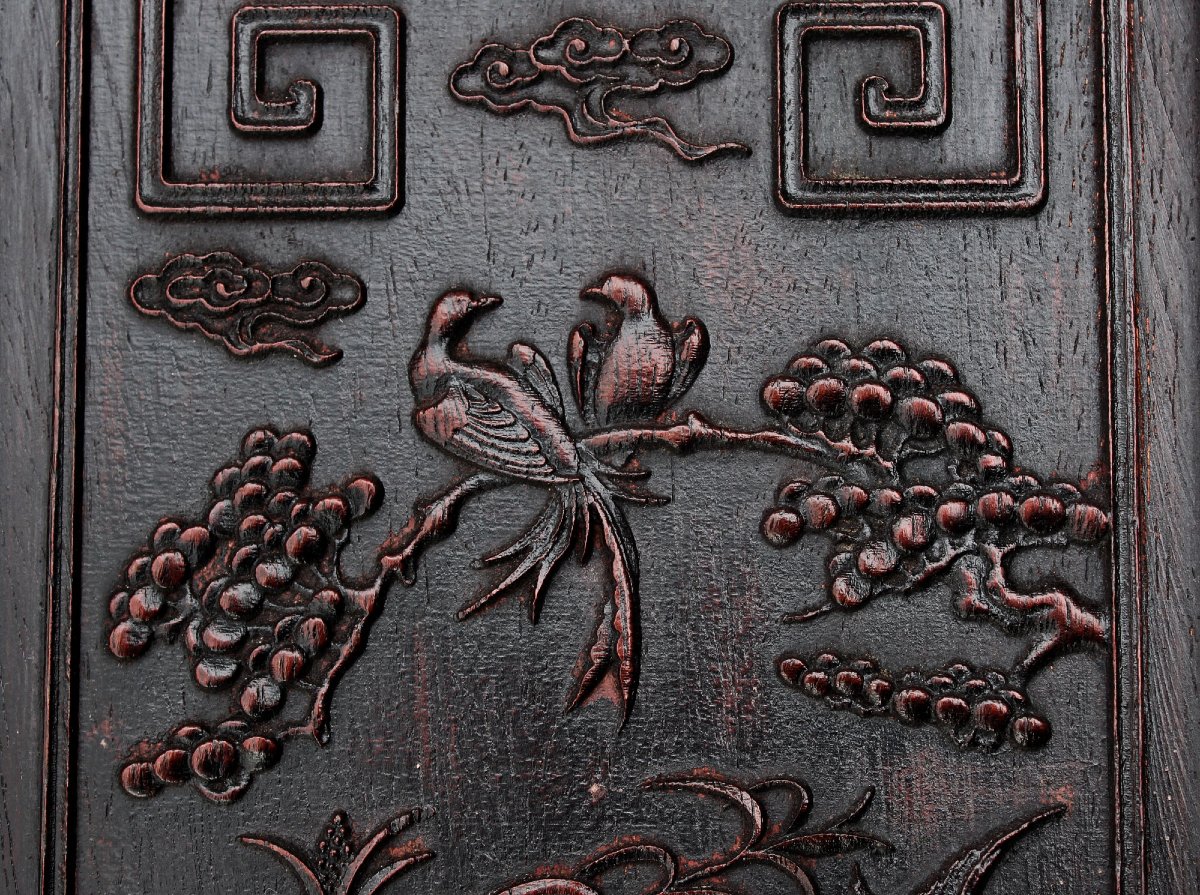 Paire De Panneaux Muraux Chinois Anciens En Bois Dur Sculpté Aux Phénix Oiseaux, Dynastie Qing-photo-4