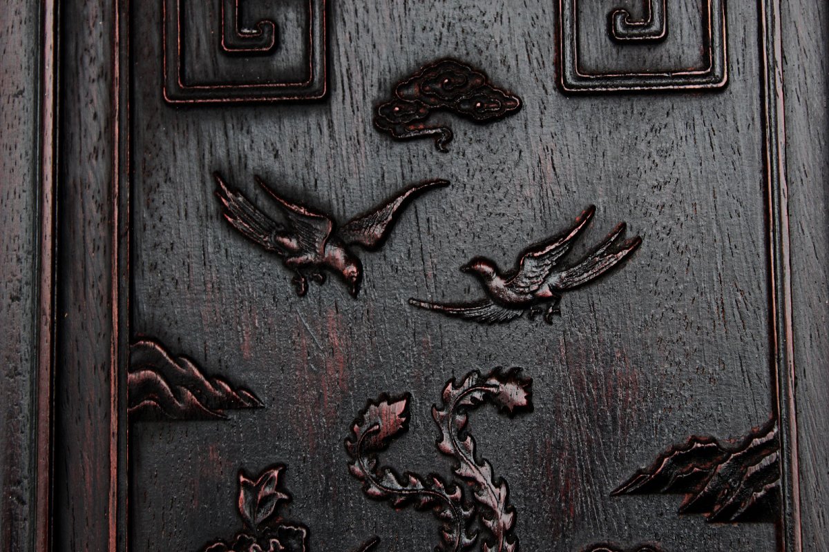 Paire De Panneaux Muraux Chinois Anciens En Bois Dur Sculpté Aux Phénix Oiseaux, Dynastie Qing-photo-1