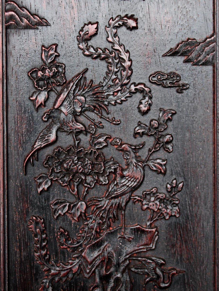 Paire De Panneaux Muraux Chinois Anciens En Bois Dur Sculpté Aux Phénix Oiseaux, Dynastie Qing-photo-2