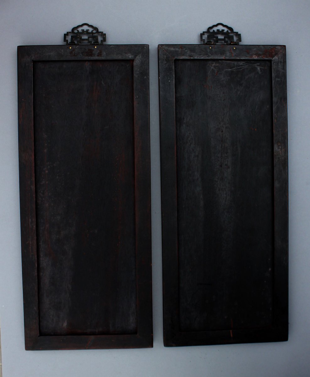 Paire De Panneaux Muraux Chinois Anciens En Bois Dur Sculpté Aux Phénix Oiseaux, Dynastie Qing-photo-3